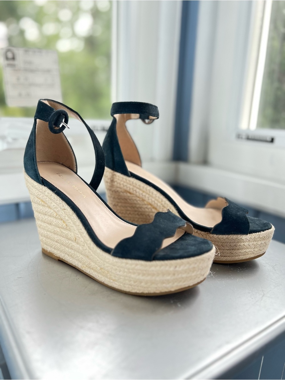 Pelle Moda Black Suede Espadrille Wedge Sandals with Ankle Strap